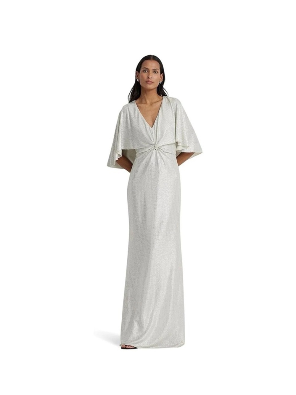 Lauren Ralph Lauren Silver Metallic Cape Maxi Gown Size 10 Elegant Formal Dress